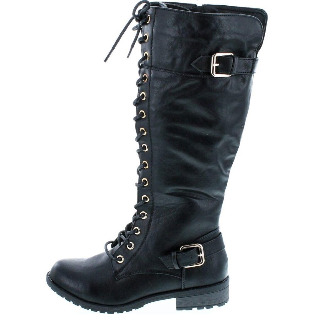 Mango 27 Womens Knee High Buckle Riding Lace Up adjustable Black Long Boots - Picture 2 of 8